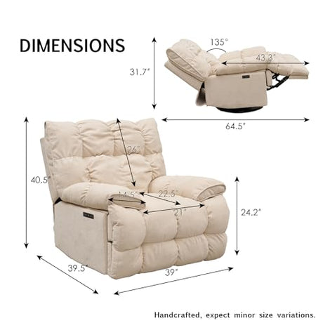 Power Glider Rocker Recliner Chair 360° Swivel Electric Lay-Flat Motion Seating Overstuffed Pillow-Top Arms Plush High Back Lumbar Support USB Charging Ports Smooth Quiet Motor (Cream White) WEALTHKING
