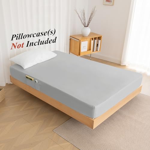 Twin Fitted Sheet Only with Side Storage Pocket - Premium 1800 Super Soft & Cozy Microfiber, Wrinkle, Fade, Shrinkage Resistant Deep Pocket Twin Size Fitted Bottom Sheet, Light Gray ALYVIA SPRING