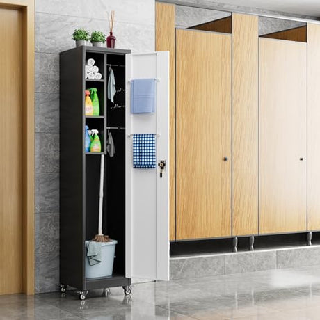 Aobabo 72" H Broom Closet Storage Cabinet, Lockable Metal Cleaning Storage Cabinet with Hooks for Home, Assembly Required Black Gray Aobabo
