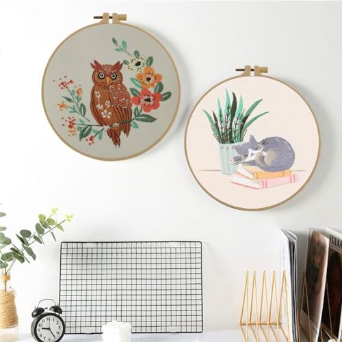 Esffaci Embroidery Starter Kit for Adult Beginner with Owl Flower Pattern Hand Embroidery Set with Embroidery Cloth Hoop Needles Colorful Floss and Instruction
