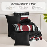 Anibedding Burgundy Comforter Set King Size,8 Pieces Bed in a Bag Patchwork Striped Bedding Sets,Boho Soft Microfiber Bedding Set for All Season(104"×90") Anibedding