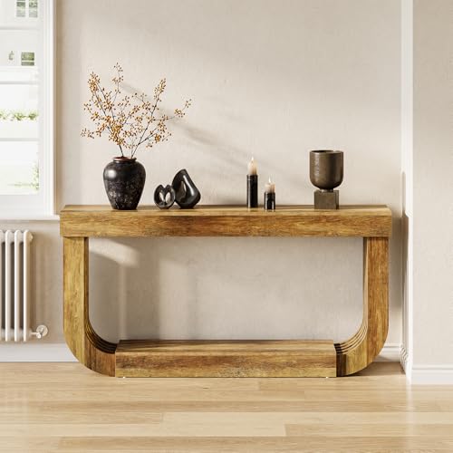 LITTLE TREE 70.9-Inch Extra Long Narrow Console Table, 2-Tier Brown Wooden Sofa Table for Living Room, Large Hallway Foyer Table with Heavy Duty U-Shaped Pedestal LITTLE TREE