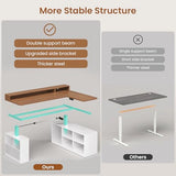 SEDETA L Shaped Electric Standing Desk, 63 inch Gaming Computer Desk with Storage Shelves and LED Lights, Height Adjustable Office Desk with Power Outlet and Pegboard, Brown Desktop SEDETA