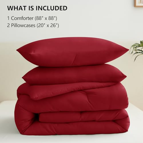 CozyLux Queen Comforter Set Dark Red, 3 Pieces Solid Queen Comforter Breathable Quilted Style Bedding Sets, Luxury Soft Bed Set with Down Alternative Comforter All Season (1 Comforter & 2 Pillowcases) CozyLux