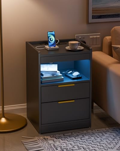 Mondeer Night Stand with Hidden Compartment, Black LED Nightstand with USB/Type-C Charging Station, Modern Bedside Table with 3 Drawers, for Bedroom Office,13.8" D x 15.7" W x 23.6" H Mondeer