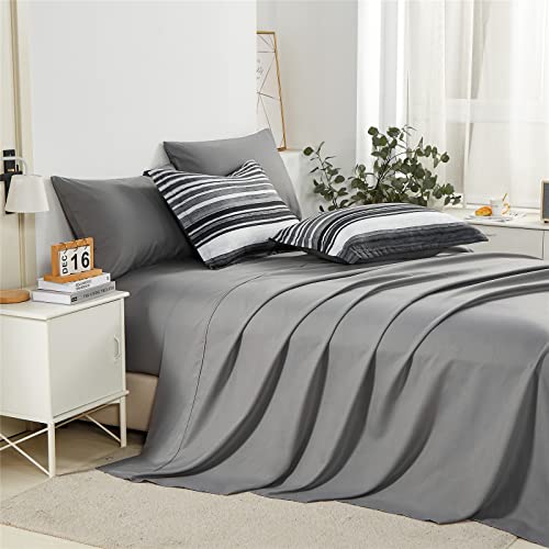 KAKIJUMN 7 Piece Bed in a Bag Stripe Comforter Set Full Size, White Grey Black Patchwork Striped Comforter and Sheet Set, All Season Soft Microfiber Complete Bedding Sets(Grey,Full) KAKIJUMN