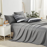 KAKIJUMN 7 Piece Bed in a Bag Stripe Comforter Set Full Size, White Grey Black Patchwork Striped Comforter and Sheet Set, All Season Soft Microfiber Complete Bedding Sets(Grey,Full) KAKIJUMN