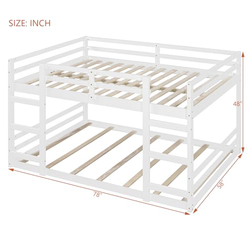 Ball & Cast Full Over Full Bunk Bed with Double Ladder and Full-Length Guardrail,Low Floor Bunkbed w/Slat Support,Bedroom Furniture for Girls Boys,White Ball & Cast