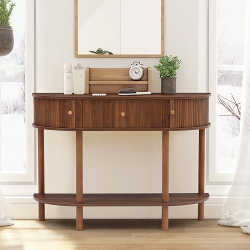 XUZENEST 43.3“ Fluted Half Moon Console Table, Modern Entryway Console Sofa Table with Storage, Narrow Wood Accent Tables Behind Couch Tables for Living Room, Hallway, Foyer(Walnut) XUZENEST