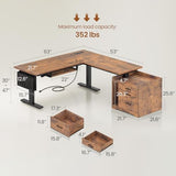 SEDETA L Shaped Electric Standing Desk with File Cabinet, 63 x 53'' Height Adjustable Home Office Computer Desk with 3 Drawers, Power Outlet, Stand up Gaming Table with Led Lights, Rustic Brown SEDETA