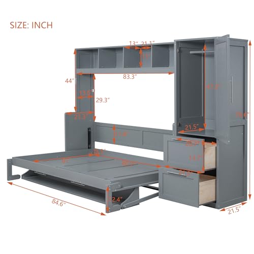 Ball & Cast Murphy Bed Queen Size Wall Beds with Closet and Storage Drawers,Wood Hideaway Platform Bedframe w/Lock,can be Folded,Easy Assembly,for Kids Bedroom,Student Dorms,Gray Ball & Cast