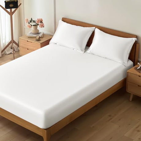 VACVELT 3-Piece Satin Fitted Sheet Set King Size, Ivory White Bottom Bed Sheet with 2 Pillowcases, Similar to Silk Sheets, Luxury & Silky Bedding Set, 15 Inch Deep Pocket VACVELT