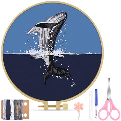 TINDTOP Embroidery Kit for Beginners Adult, Whale Embroidery Practice Kit for Beginners Include Embroidery Cloth Hoops Threads for Craft Lover Hand Stitch with Embroidery Skill Techniques