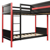 Gaming Triple Bunk Bed with Desk & LED Light & Storage Shelves,Wooden Twin Size L-Shaped Bunk Bed Frame with 3 Beds,Safety Guardrails & Ladders for Gamers Teens Adults,Wood Slat Support,Black Red FUvellamo