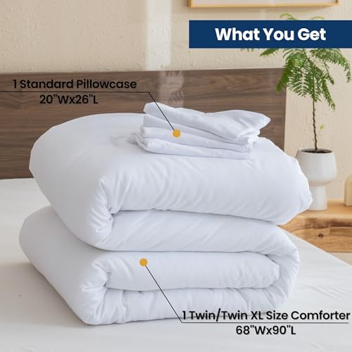 Paxrac White Comforter Twin/Twin XL Size, 2 Pieces Extra Long Comforter Set for Dorm, Lightweight Solid Bedding Set, All Seasons Soft Breathable Twin Comforter Set (68x90In Comforter & 1 Pillowcase) Paxrac