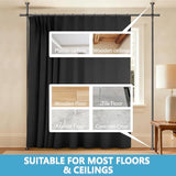 JILRON No-Drill Room Divider Curtain Set: Includes 106" W x 84" L Black Curtain & Adjustable Pole Brackets (35-100" W x 43-120" H Adjustable Range) Jilron