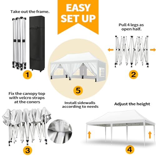 Titwest Canopy 10x20 Pop Up Canopy Tent with 6 Sidewalls and Window, Ez Pop Up Instant Shade Gazebo for Outdoor Events, Party and Patio with Wheeled Bag(10x20FT,White) - WoodArtSupply