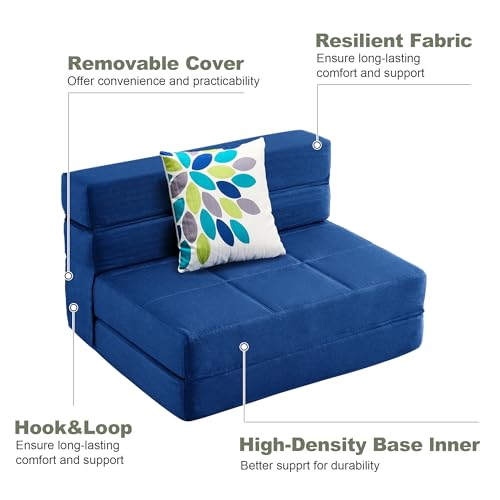ARTPLAN Fold Sofa Bed-Sleeper Single with Pillow, Modern Futon Sleeper Chair Guest Bed with Washable Linen Cover, Foldable Mattress for Living Room, Dorm, Apartment,Dark Blue ARTPLAN
