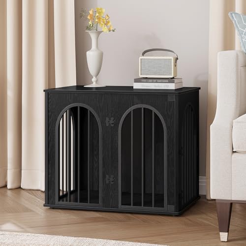 Hzuaneri 26.8'' Wooden Dog Crate Furniture, Indoor Dog Kennel Dogs Cage for Small Dogs, Heavy Duty Dog Crates Decorative Pet House End Side Table TV Stand, Black DFC85504B Hzuaneri