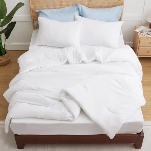 CozyLux White King Size Comforter Set, 3 Pieces Solid Breathable Quilted Style Bedding Sets, Luxury Fluffy Soft Bed Set with Down Alternative Comforter for All Season (1 Comforter & 2 Pillowcases) CozyLux