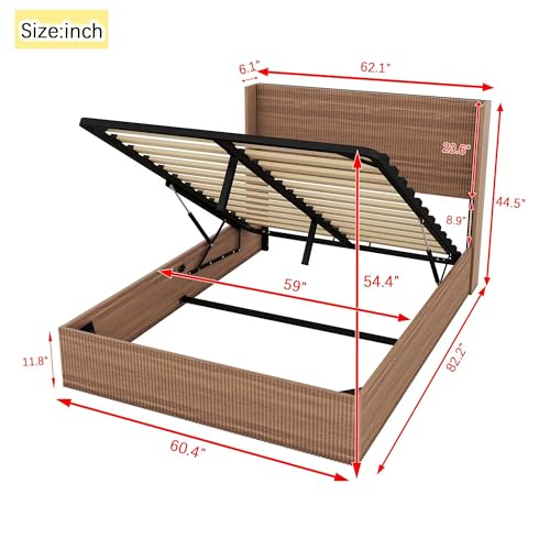 Lift Up Storage Bed Queen Size, Queen Bed Frame with Headboard and Lift Storage System, Wood Headboard with Wing-Back and Convex Groove Board Design Bellemave