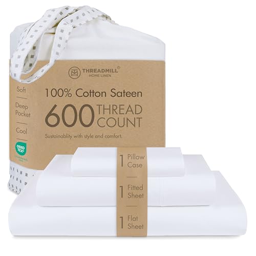 Threadmill 100% Cotton Sheets for Twin Size Bed - 600 Thread Count Twin Bed Sheets Set with 15” Deep Pocket - Sateen Weave 3-Piece Bedding Set with Cooling Effect, White Threadmill