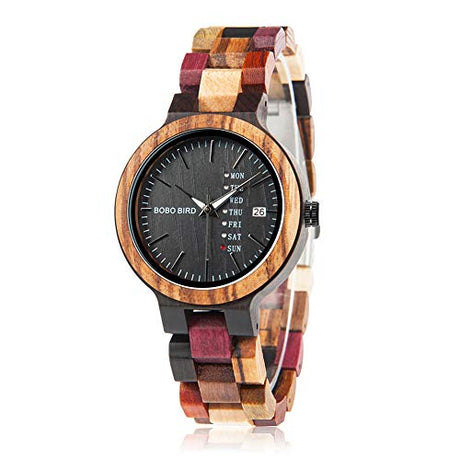 BOBO BIRD Women Wood Watches Colorful Wood WristWatches Week & Date Display Multifunction Handmade Quartz Watch Sport Chronograph Unique Wristwatch BOBO BIRD