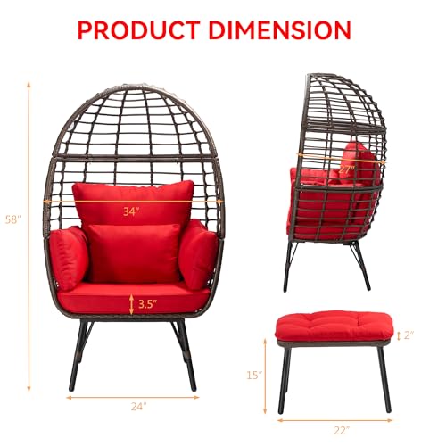 Gardenbee Wicker Egg Chair with Cushion, Indoor Outdoor Lounger for Patios, Living Room, PE Rattan Chair Steel Frame, Strong Load Capacity, Red Cushion Gardenbee