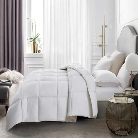 Serta Goose Feather Down Fiber Cotton Comforter Twin Size - 100% Cotton Duvet Insert - Hotel Luxury Hypoallergenic Bedding Comforter All Season Medium Warmth 68 x 90 Inch White Serta