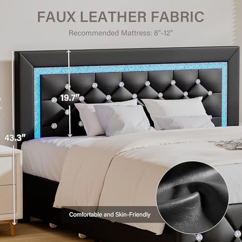 BarnFurin Twin Bed Frames with LED Lights and Storage Drawers, Upholstered Bed Frame with Diamond Headboard, Faux Leather Modern Platform Bed, Wooden Slats Support, No Box Spring Needed, Black BarnFurin