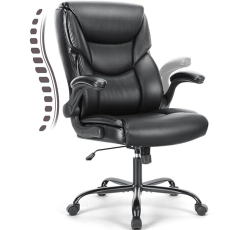 DUMOS Office Chair - Ergonomic Executive Computer Desk Chairs with Adjustable Flip-up Armrest, Swivel Task Chair with Lumbar Support, Strong Metal Base, PU Leather, Black DUMOS
