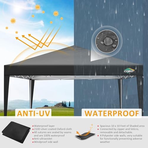 COBIZI 10x10 Pop Up Canopy Tent with 4 Sidewalls Party Tents Waterproof UPF 50+ Commercial Instant Outdoor Events Tent for Parties Markets Backyard, Ropes（10 x 10 ft Black COBIZI