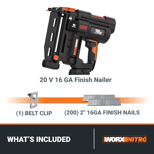 Worx Nitro 20V 16GA Finish Nailer Cordless 70 Nails/Min Sinks Up to 2-1/2", Compact Cordless Nail Gun w/Tool-Free Jam Release, Brushless Nail Gun Battery Powered WX841L – Battery & Charger In - WoodArtSupply