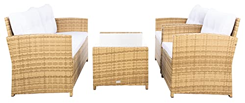 SAFAVIEH Outdoor Collection Vellor Natural/White Cushion 4-Piece Conversation Patio Set PAT7516D Safavieh