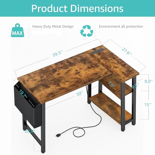 Lufeiya Small L Shaped Desk with Power Outlet Shelves, 40 Inch Corner Desk for Small Space Home Office, L-Shaped Computer Desk PC Desks with Charging Station, Rustic Brown - WoodArtSupply