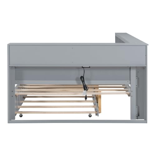 Harper & Bright Designs Full Daybed Frame with L-Shaped Bookcases, Wood Bed Frames with Trundle and USB Ports, Full Size Platform Bed with Storage Shelf and Charging Station for Kids Girls Boys, Grey Harper & Bright Designs