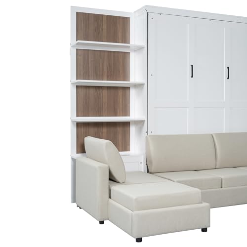 Queen Size Murphy Bed with Sofa and Shelves, Solid Wood Wall Bed can be Folded into a Cabinet for Small Spaces Apartments Studio Guest Room (White#S1) Quarte