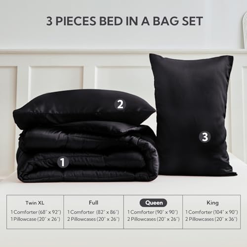 MR&HM Queen Comforter Set Black, Reversible Satin Microfiber Comforter Set for All Seasons, 3 Pieces Non-Slip Silky Soft Bedding Sets with 1 Comforter (90"x90") and 2 Pillowcases (20"x26") MR&HM