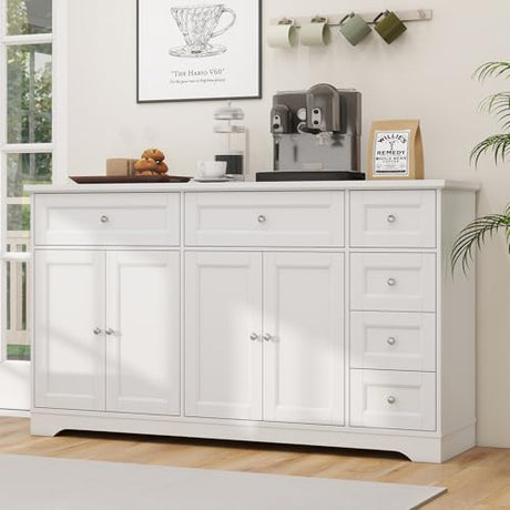 Giantex Large Buffet Cabinet with Storage, 59” Kitchen Cabinet with 4 Doors, 6 Drawers & 2 Adjustable Shelves, Modern Sideboard for Living Room, Coffee Bar, White Giantex