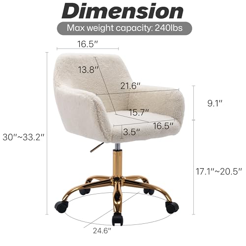 KCC Faux Fur Office Desk Chair, Comfy Swivel Armchair with Wheels, Upholstered Fuzzy Vanity Chair, Adjustable Height, White KCC