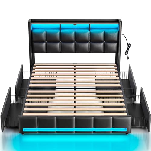 Rolanstar Full Size Bed Frame with LED Lights and Charging Station, PU Leather Bed Storage Headboard & Drawers, Heavy Duty Wood Slats, Easy Assembly, Black Rolanstar