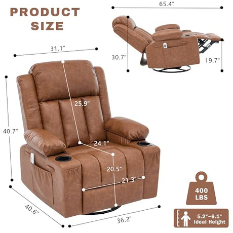 GAOHAPY Rocker Recliner Chair with Heat and Massage,360°Swivel Nursery Recliner Chair for Adults,Oversized Recliner Single Sofa Seat with 2 Cup Holders and Side Pocket (Brown) GAOHAPY