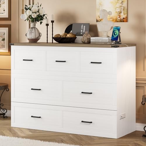 Bellemave Queen Murphy Bed, Cabinet Bed with Charging Station and 1 Large Storage Drawer, Farmhouse Murphy Cabinet with Foldable Panel, Noisy Free, for Guest Bedroom, Living Room, White Bellemave