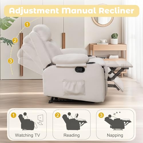 Korser Recliner Chair for Adults, Small Recliners for Small Spaces, Nursery Recliner with Adjustable Backrest, Manual Recliner with Cup Holders and Side Pockets, Chair for Living Room,Bedroom, Beige