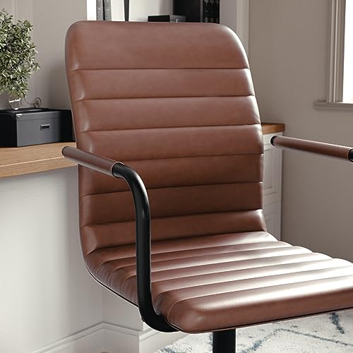 Martha Stewart Taytum Swivel Task Chair with Armrests for Home Office in Saddle Brown Faux Leather with Oil Rubbed Bronze Frame Martha Stewart