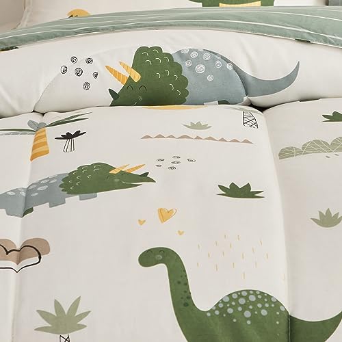 Joyreap 4 Piece Dinosaur Toddler Bedding Set, Cotton Toddler Comforter Sheet Set, Green Dinosaurs Print on White Design for Kids Boys n Girls Joyreap