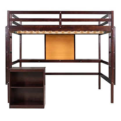 DEYOBED Espresso Wooden Twin Size Loft Bed with Desk, Writing Board, and Drawers