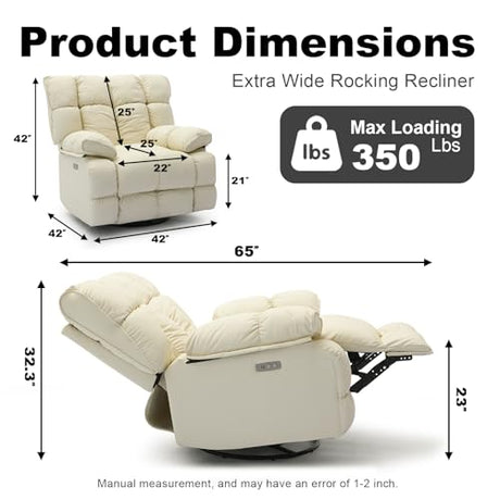 Govoya Oversized Pet-Friendly Leather Recliner Chair, Swivel Rocking Recliner Chair, Electric Adjustable Reclining, USB & Typle-C Charging Port, XXL Single Sofa for Living Room, Nursery, Cream White Govoya