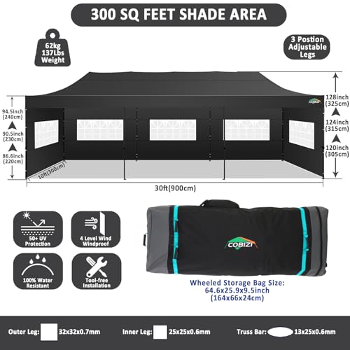 COBIZI 10x30 Pop Up Canopy with 8 Sidewall,Heavy Duty UPF 50+ All Season Wind Waterproof Commercial Outdoor Wedding Party Tents for Parties Canopy Gazebo with Roller Bag(10 x 30 ft Black) COBIZI