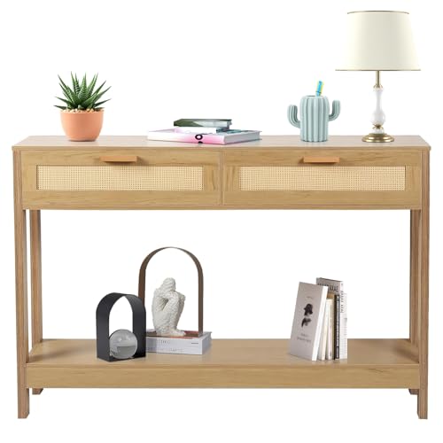 Duryarhall Console Table with Rattan Drawers Boho Entryway Table Narrow Long Sofa Table for Entrance, Hallway, Living Room, Couch Duryarhall